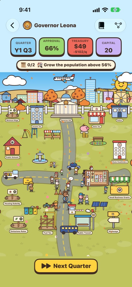 The town of Bramblewood: buildings for each policy, roads, and animal townsfolk with mood bubbles
