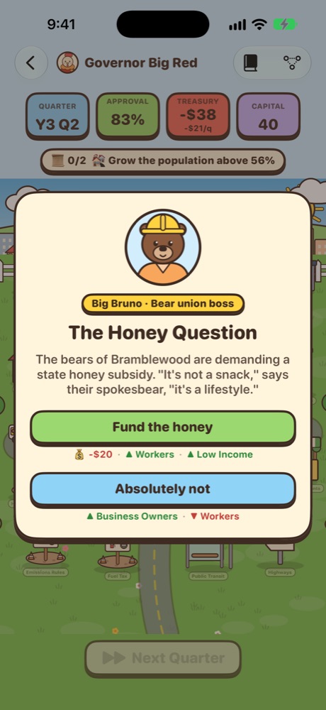 An event card from Big Bruno about a honey subsidy, with two choices
