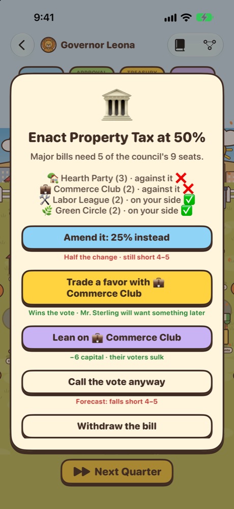 A council vote on a property tax, with each party's vote and the moves to win it
